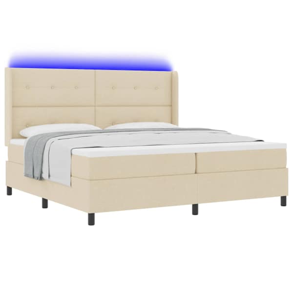 LED-valgustusega kontinentaalvoodi koos madratsiga, kreemjasvalge, 200 × 200 cm, kangas — mudel 3343530