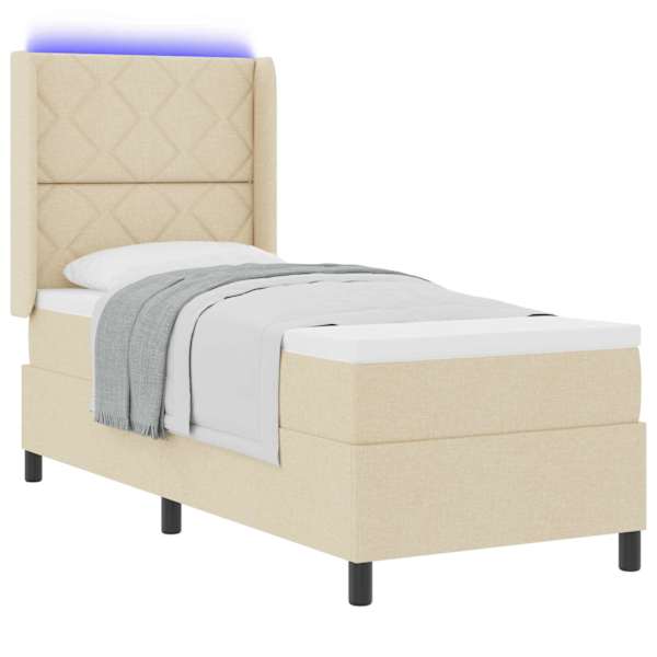 LED-valgustusega kontinentaalvoodi koos madratsiga, kreemjasvalge, 90 × 190 cm, kangas — mudel 3343544