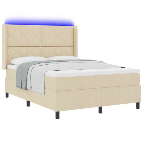 LED-valgustusega kontinentaalvoodi koos madratsiga, kreemjasvalge, 140 × 190 cm, kangas — mudel 3343565
