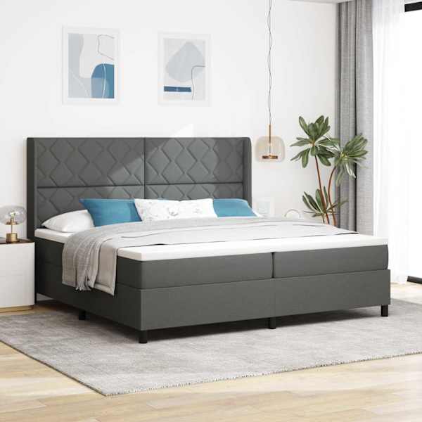 LED-valgustusega kontinentaalvoodi koos 2 madratsiga, tumehall, 200 × 200 cm, kangas — mudel 3343589