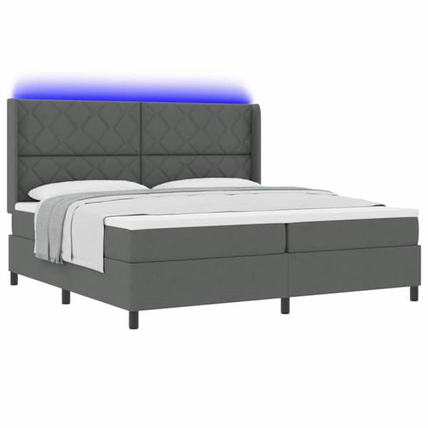 LED-valgustusega kontinentaalvoodi koos 2 madratsiga, tumehall, 200 × 200 cm, kangas — mudel 3343589