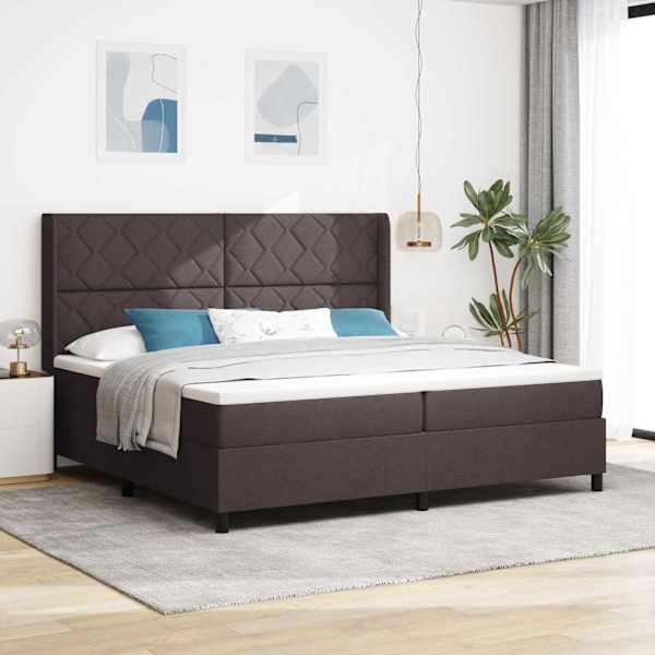 LED-valgustusega kontinentaalvoodi koos 2 madratsiga, tumepruun, 200 × 200 cm, kangas — mudel 3343591