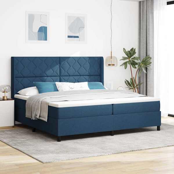LED-valgustusega kontinentaalvoodi koos 2 madratsiga, sinine, 200 × 200 cm, kangas — mudel 3343594