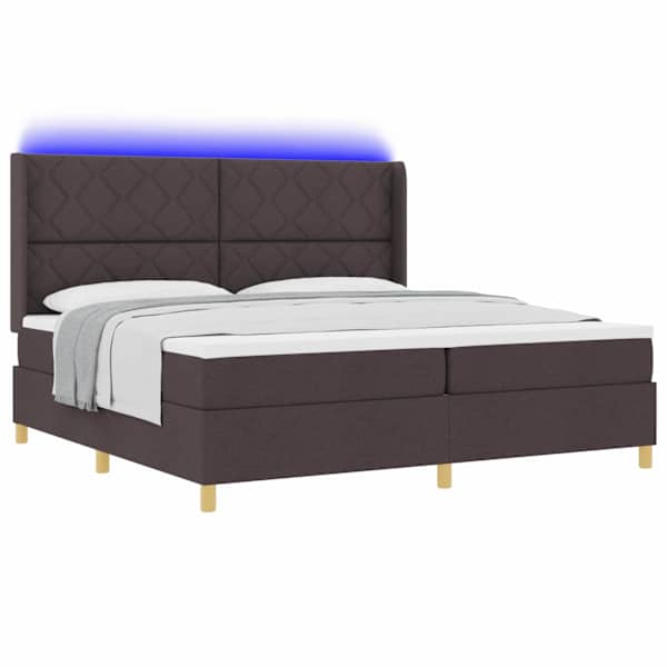 LED-valgustusega kontinentaalvoodi koos 2 madratsiga, pruun, 200 × 200 cm, kangas — mudel 3343780