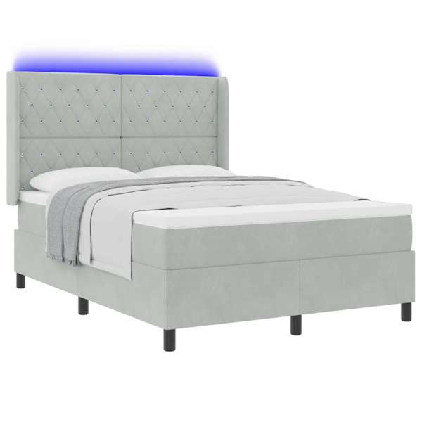 LED-valgustusega kontinentaalvoodi koos madratsiga, helehall, 140 × 190 cm, samet — mudel 3343808