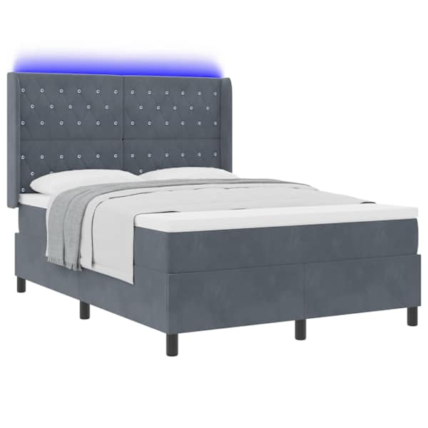 LED-valgustusega kontinentaalvoodi koos madratsiga, tumehall, 140 × 190 cm, samet — mudel 3343809