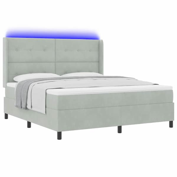 LED-valgustusega kontinentaalvoodi, helehall, 180 × 200 cm, samet — mudel 3343880