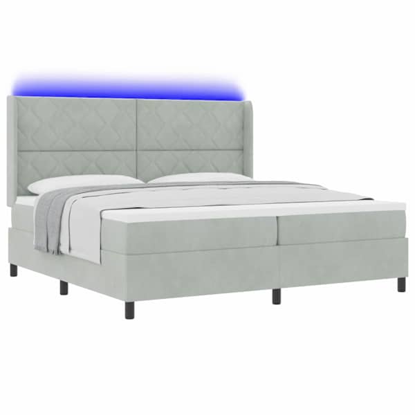LED-valgustusega kontinentaalvoodi koos 2 madratsiga, helehall, 200 × 200 cm, samet — mudel 3343940