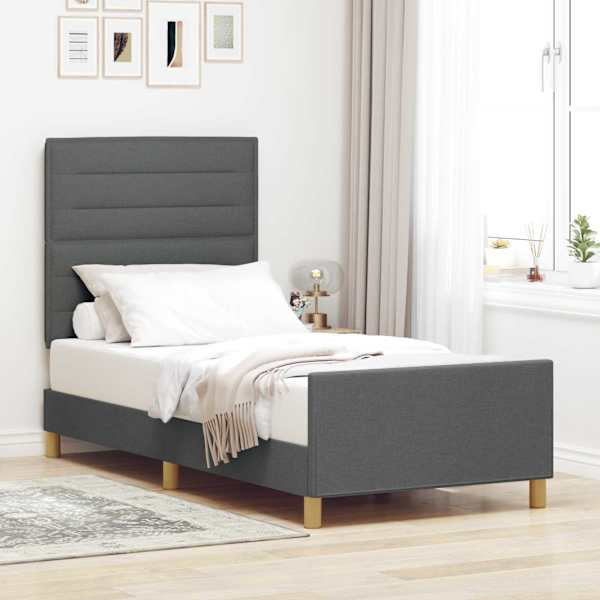 Voodiraam peatsiga, tumehall, 90 × 200 cm, kangas — mudel 3344621