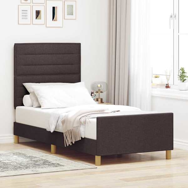 Voodiraam peatsiga, tumepruun, 90 × 200 cm, kangas — mudel 3344623