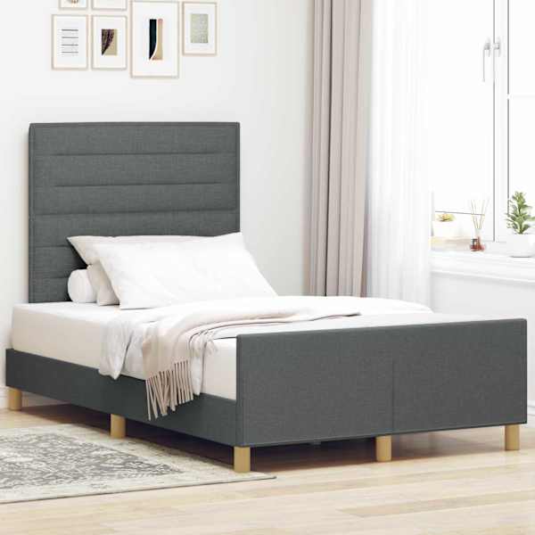 Voodiraam peatsiga, tumehall, 120 × 190 cm, kangas — mudel 3344635
