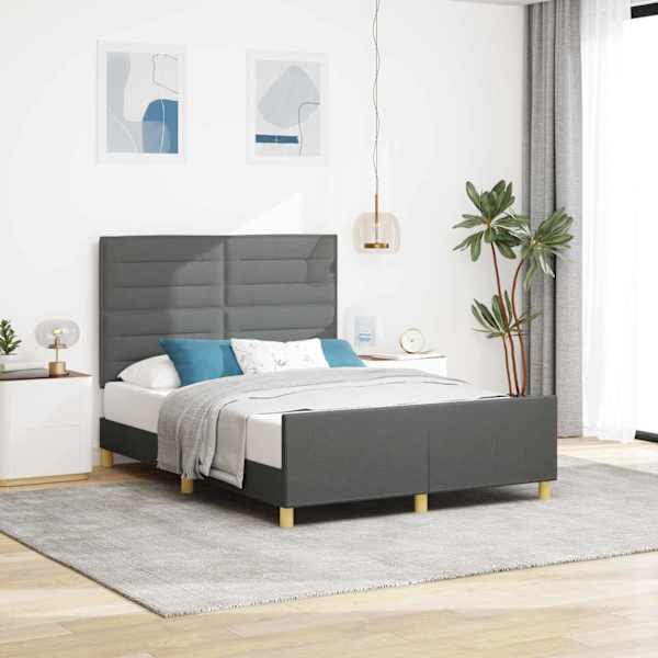 Voodiraam peatsiga, tumehall, 140 × 190 cm, kangas — mudel 3344649