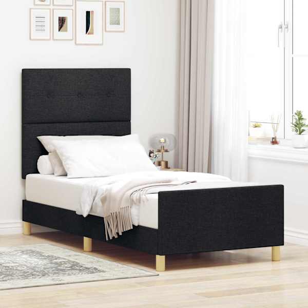 Voodiraam peatsiga, must, 90 × 200 cm, kangas — mudel 3344699