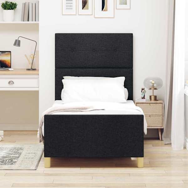 Voodiraam peatsiga, must, 90 × 200 cm, kangas — mudel 3344699
