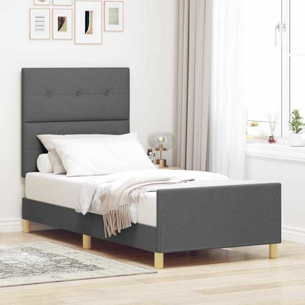 Voodiraam peatsiga, tumehall, 100 × 200 cm, kangas — mudel 3344705