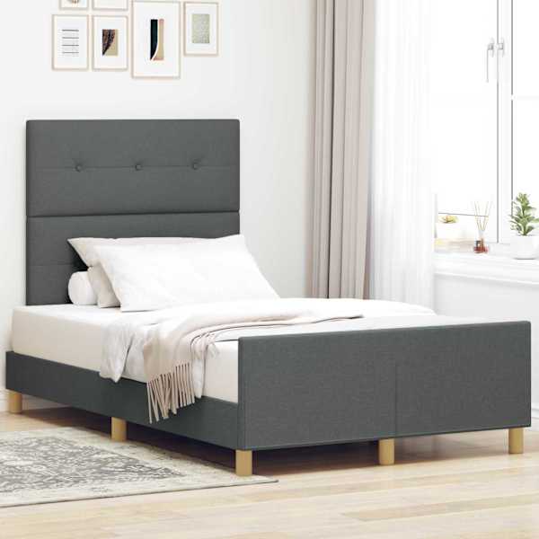 Voodiraam peatsiga, tumehall, 120 × 190 cm, kangas — mudel 3344712
