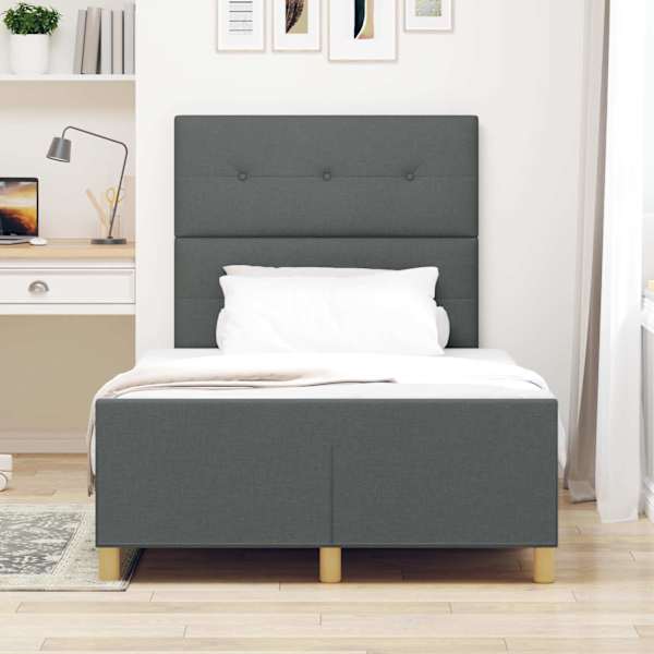 Voodiraam peatsiga, tumehall, 120 × 190 cm, kangas — mudel 3344712