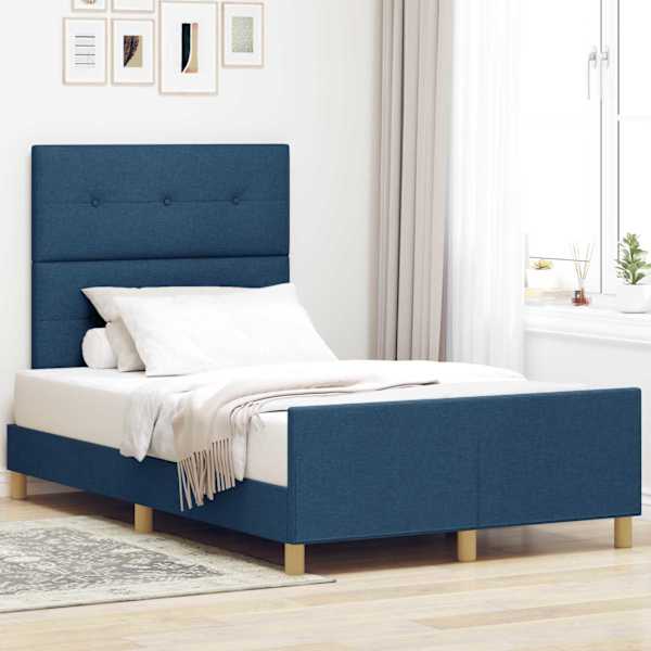 Voodiraam peatsiga, sinine, 120 × 200 cm, kangas — mudel 3344724
