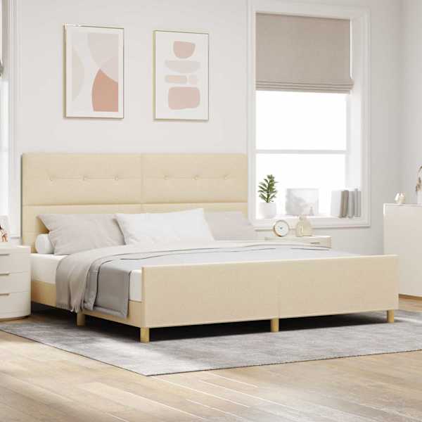 Voodiraam peatsiga, kreemjasvalge, 200 × 200 cm, kangas — mudel 3344758
