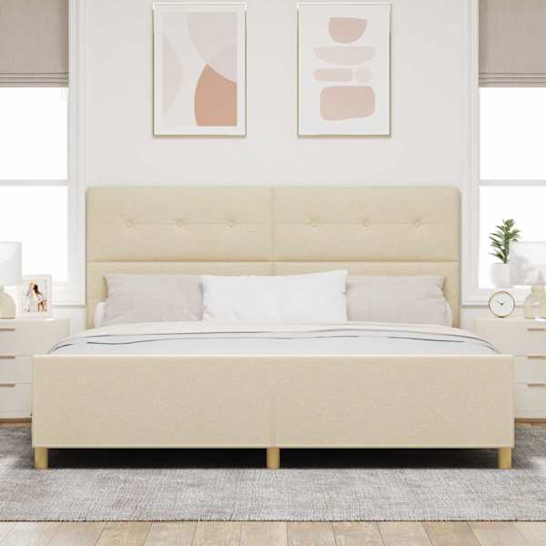 Voodiraam peatsiga, kreemjasvalge, 200 × 200 cm, kangas — mudel 3344758