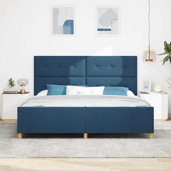 Voodiraam peatsiga, sinine, 200 × 200 cm, kangas — mudel 3344759