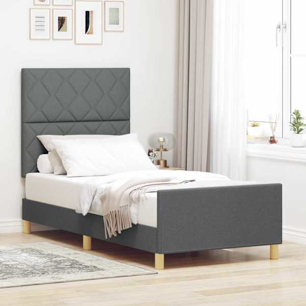 Voodiraam peatsiga, tumehall, 90 × 200 cm, kangas — mudel 3344775