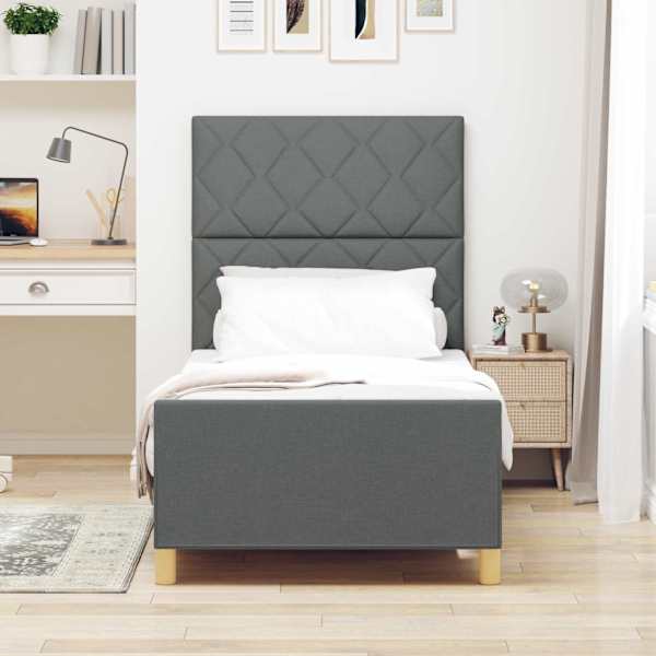 Voodiraam peatsiga, tumehall, 90 × 200 cm, kangas — mudel 3344775