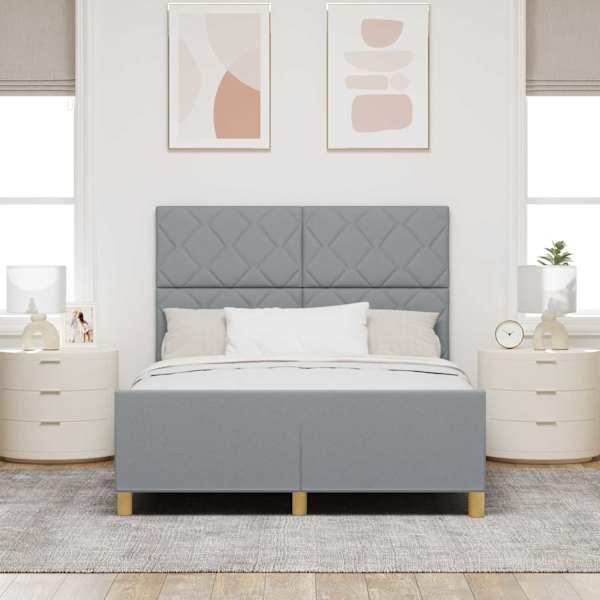 Voodiraam peatsiga, helehall, 140 × 200 cm, kangas — mudel 3344809