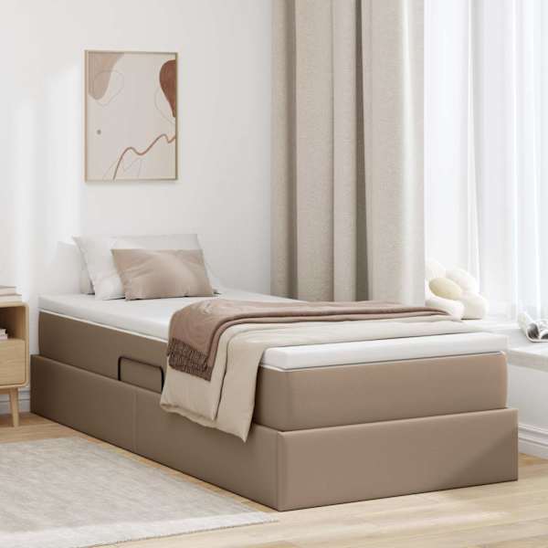 Panipaigaga voodiraam koos madratsiga, cappuccino, 90 × 200 cm, kunstnahk — mudel 3370149