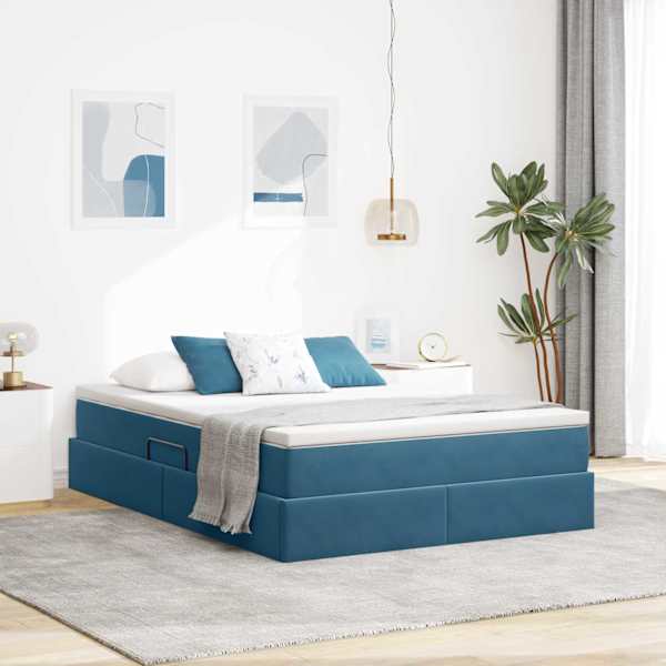 Panipaigaga voodiraam koos madratsiga, tumesinine, 140 × 200 cm, samet — mudel 3370309