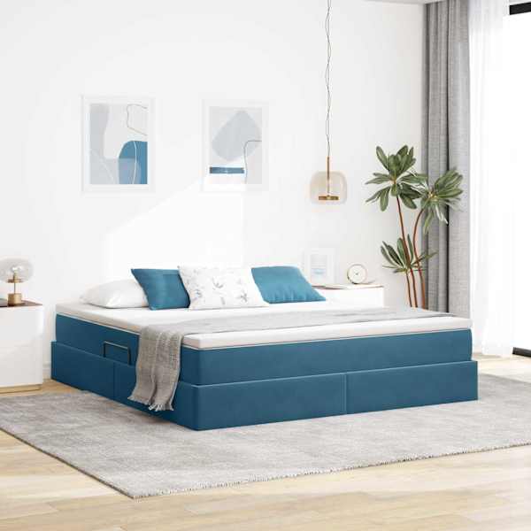 Panipaigaga voodiraam koos madratsiga, tumesinine, 160 × 200 cm, samet — mudel 3370315