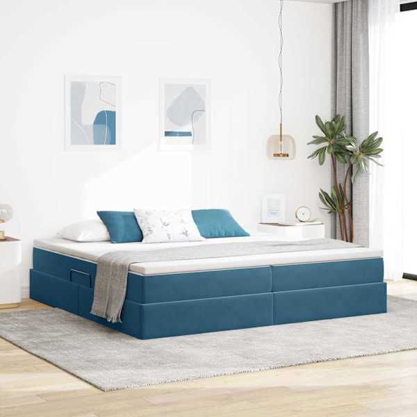 Panipaigaga voodiraam koos 2 madratsiga, tumesinine, 200 × 200 cm, samet — mudel 3370327