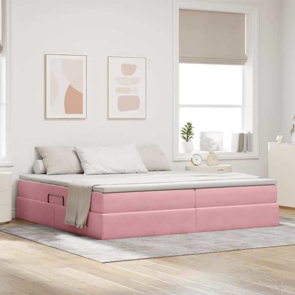 Panipaigaga voodiraam koos 2 madratsiga, roosa, 200 × 200 cm, samet — mudel 3370328