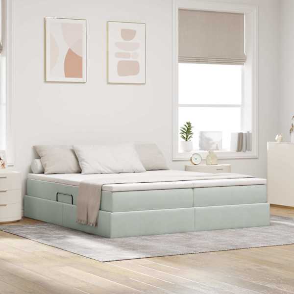 Panipaigaga voodiraam koos 2 madratsiga, 2 voodiraami, helehall, 200 × 200 cm, samet — mudel 3370367