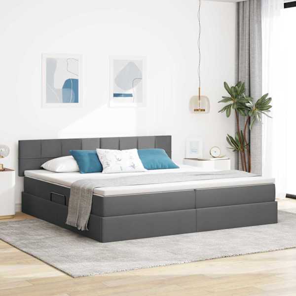 Panipaigaga voodiraam peatsiga koos 2 madratsiga, tumehall, 200 × 200 cm, samet — mudel 3370531