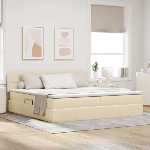 Panipaigaga voodiraam peatsiga koos 2 madratsiga, kreem, 200 × 200 cm, samet — mudel 3370534