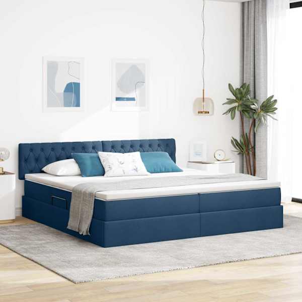 Panipaigaga voodiraam peatsiga koos 2 madratsiga, sinine, 200 × 200 cm, samet — mudel 3370598