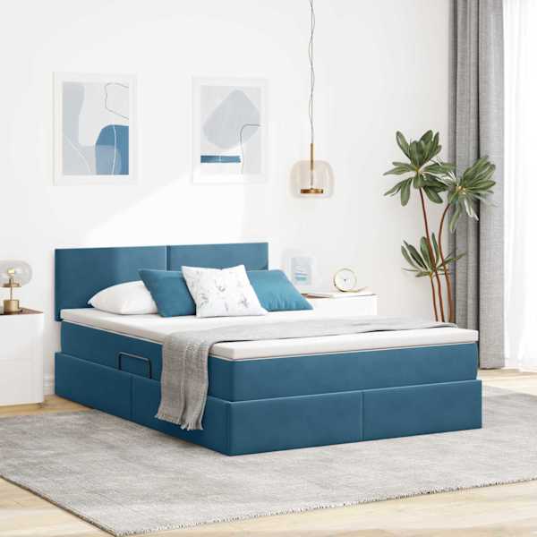 Voodiraam peatsiga koos madratsiga, tumesinine, 140 × 200 cm, samet — mudel 3370705