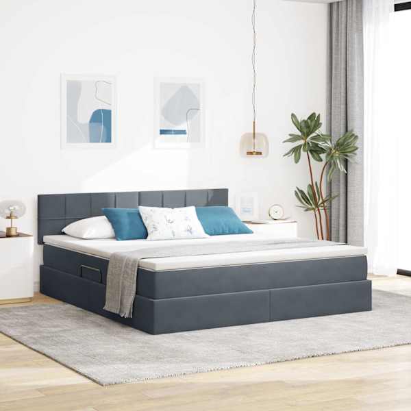 Voodiraam peatsiga koos madratsiga, tumehall, 180 × 200 cm, samet — mudel 3370774