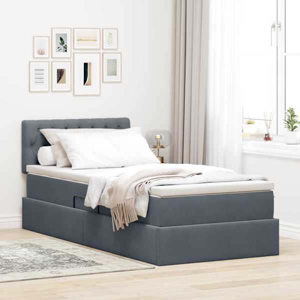 Voodiraam peatsiga koos madratsiga, tumehall, 100 × 200 cm, samet — mudel 3370798