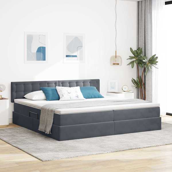 Voodiraam peatsiga koos 2 madratsiga, tumehall, 200 × 200 cm, samet — mudel 3370900