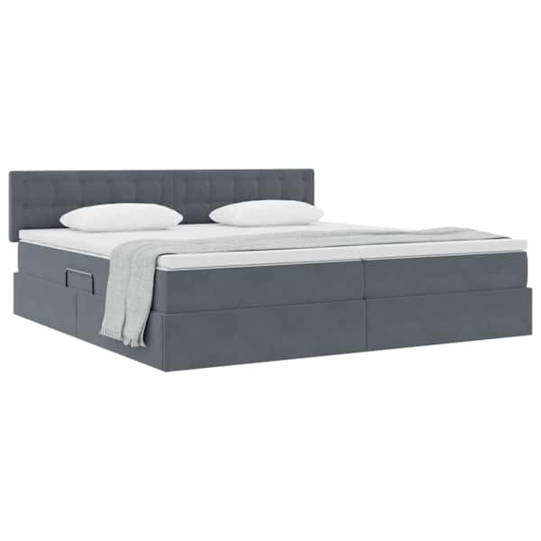 Voodiraam peatsiga koos 2 madratsiga, tumehall, 200 × 200 cm, samet — mudel 3370900