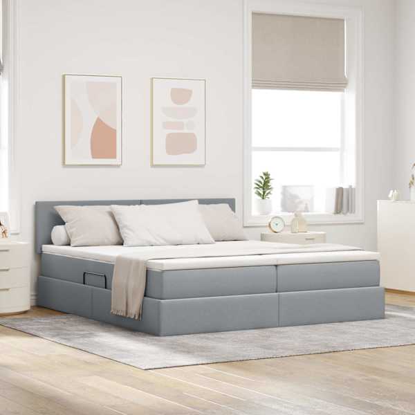 Voodiraam peatsiga koos 2 madratsiga, 2 voodiraami, helehall, 180 × 200 cm, kunstnahk