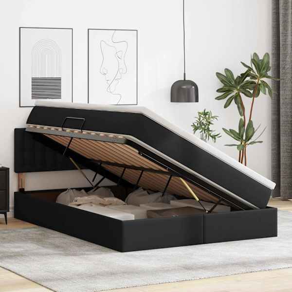 LED-valgustusega voodiraam peatsiga koos madratsiga, must, 140 × 190 cm, kunstnahk — mudel 3371029