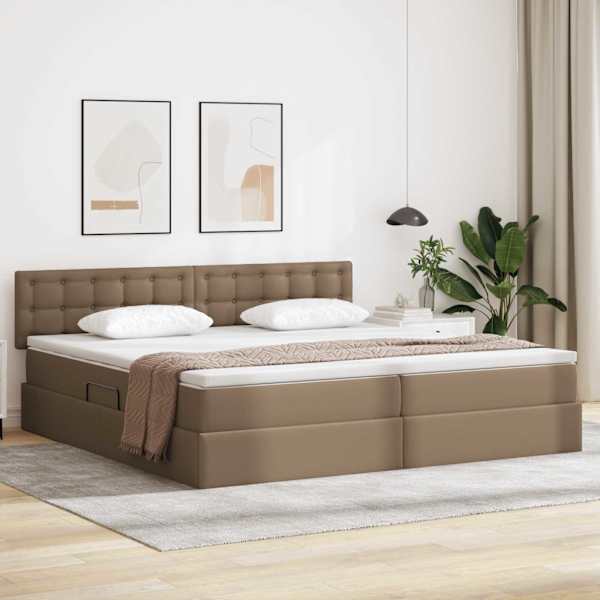 LED-valgustusega voodiraam peatsiga koos 2 madratsiga, helehall, 200 × 200 cm, kunstnahk — mudel 3371048