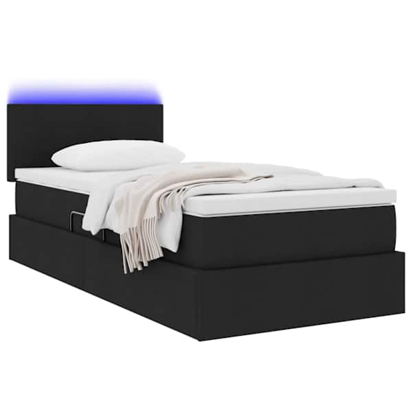 LED-valgustusega voodiraam peatsiga koos madratsiga, must, 90 × 190 cm, kangas