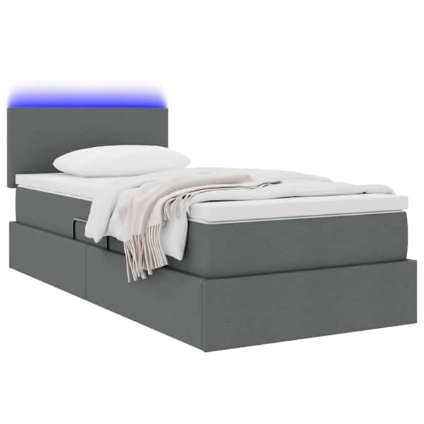 LED-valgustusega voodiraam peatsiga koos madratsiga, tumehall, 100 × 200 cm, kangas — mudel 3371062