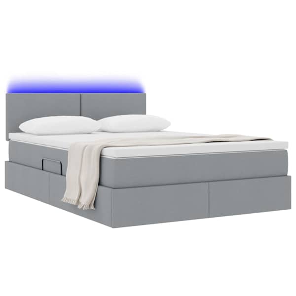 LED-valgustusega voodiraam peatsiga koos madratsiga, helehall, 140 × 190 cm, kangas — mudel 3371079