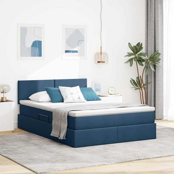 LED-valgustusega voodiraam peatsiga koos madratsiga, sinine, 140 × 190 cm, kangas — mudel 3371084