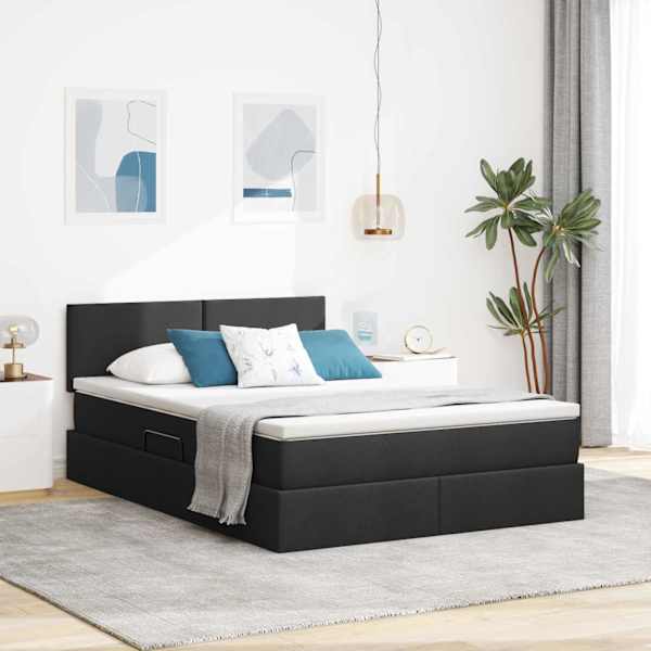 LED-valgustusega voodiraam peatsiga koos madratsiga, must, 140 × 200 cm, kangas — mudel 3371087